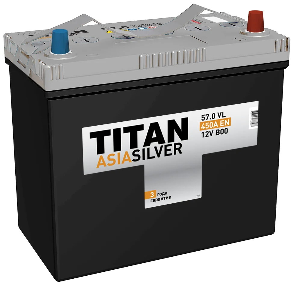 Аккумулятор TITAN ASIA SILVER 57 Ah, 12V (B24) пуск.ток 450 А обратная  полярность (- ; +). TITAN