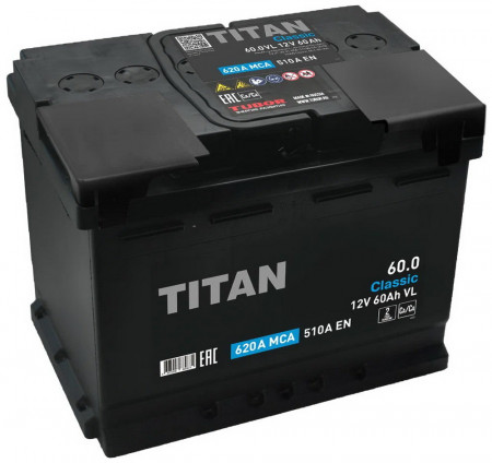 Аккумулятор "TITAN" CLASSIC  60 Ah, 12V пуск.ток 510 А обратная полярность (- ; +)