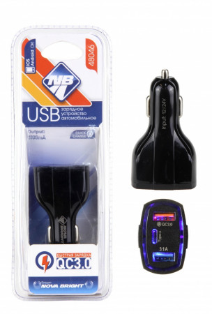 Зарядное устройство в прикуриватель 2 USB-порт+Type-C,QC3.0 (12/24В, 3000 мА) LED подсветка