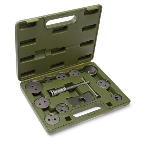 Набор инструмента для утапливания поршней тормозного цилиндра 12 предметов. Разработан для большинства моделей автомобилей различных марок: Mercedes, BMW, Volkswagen, GM, Audi, Ford, Honda, Subaru, Mazda, Nissan, Mitsubishi, Toyota, Land Rover и др.