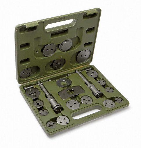 Набор инструмента для утапливания поршней тормозного цилиндра 21 предмет. Разработан для большинства моделей автомобилей различных марок: Mercedes, BMW, Volkswagen, GM, Audi, Ford, Honda, Subaru, Mazda, Nissan, Mitsubishi, Toyota, Land Rover и др.