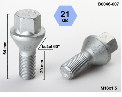 Болт колеса M16x1.50 Н29/64, ключ 21, PEUGEOT, CITROËN, FIAT, конус 60°, шаг 5/130