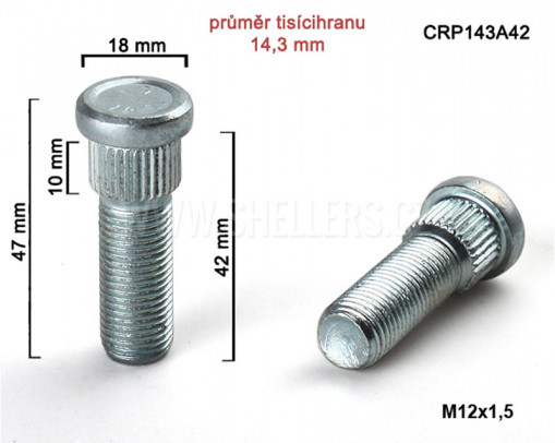 Шпилька колеса  М12х1.50 Н32/42, D=14.3, TOYOTA, MAZDA, MITSUBISHI, HYUNDAI, SUBARU, PEUGEOT, CITROEN, FIAT, DODGE