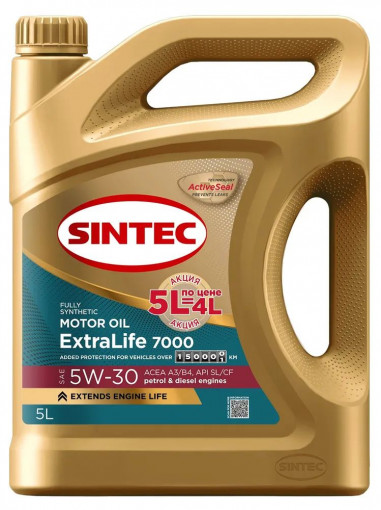 Масло моторное Sintec ExtraLife 7000 5W-30 SL/CF. A3/B4 синтетика  5л. Акция 5л по цене 4л