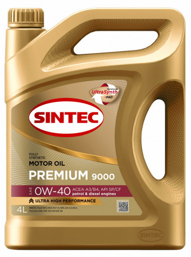 Масло моторное Sintec Premium 9000 0W-40 A3/B4. SP/CF синтетика  4 л