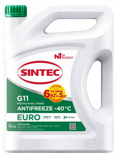 Охлаждающая жидкость Антифриз Sintec Euro G11 зеленый -40  6 кг. Акция 6кг по цене 5кг